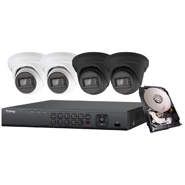 Galaxy Platinum Series 4K 5-in-1 HD analog turret security camera kit with multiple cameras and mounting hardware.