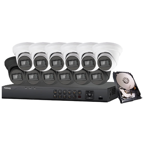 Galaxy Platinum Series 4K 5-in-1 HD analog turret security camera kit with multiple cameras and mounting accessories.
