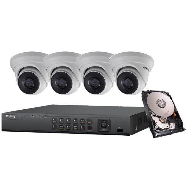 Galaxy Platinum Series 5MP 5-in-1 HD analog turret camera kit with multiple cameras, mounting brackets, and connecting cables.