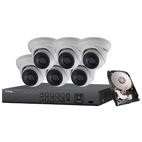 Galaxy Platinum Series 5MP 5-in-1 HD analog turret security camera kit with multiple lenses and mounting hardware.