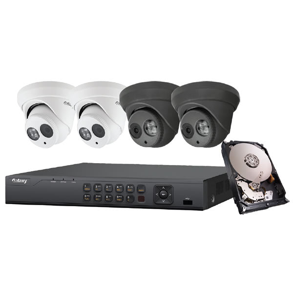 Galaxy Platinum Series 2MP 5-in-1 HD analog turret security camera kit with multiple cameras and accessories.