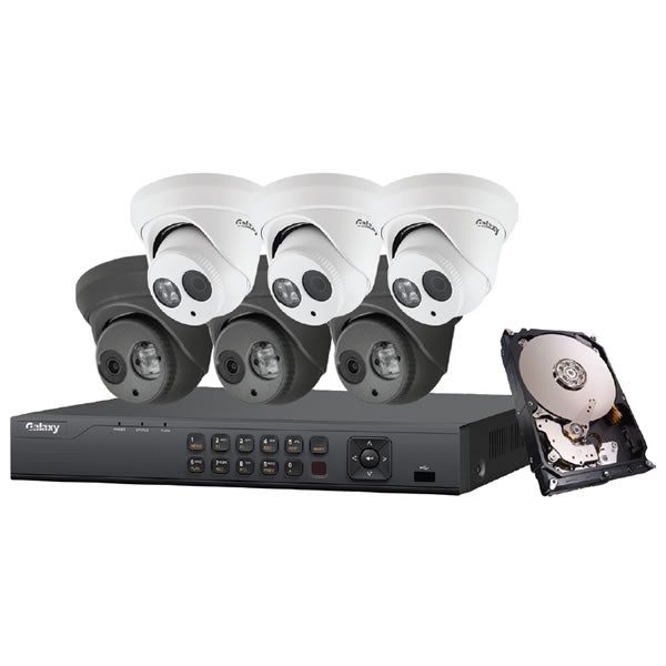 Galaxy Platinum Series 2MP 5-in-1 HD analog turret security camera kit with multiple cameras and mounting accessories.