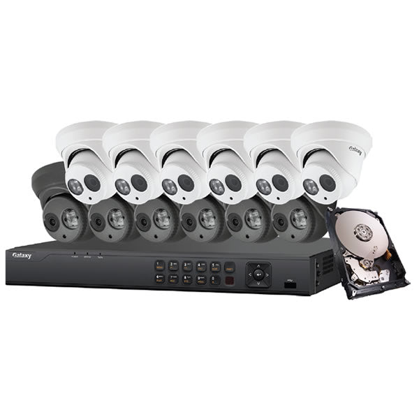 Galaxy Platinum Series 2MP 5-in-1 HD analog turret security camera kit with multiple camera lenses and mounting hardware.
