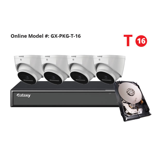 4MP Starlight IP turret security camera from Galaxy Hunter Series, part of 4CH surveillance kit with night vision and durable design.