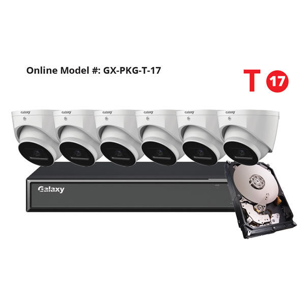 8CH Galaxy Hunter Series 4MP Starlight IP turret security camera kit with four cameras and mounting hardware.