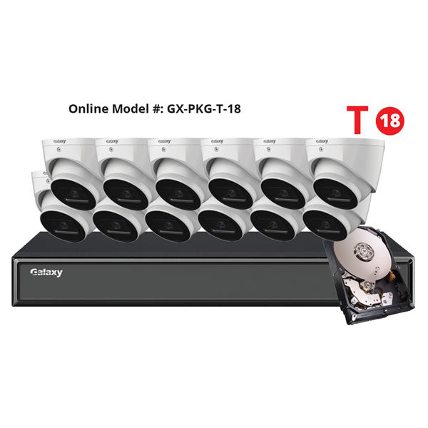 16-channel Galaxy Hunter Series 4MP Starlight IP turret security camera kit with multiple cameras and cables for surveillance.