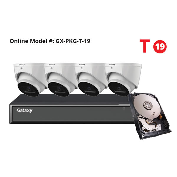 4-channel Galaxy Hunter Series 4K Starlight IP turret security camera kit with four cameras and mounting hardware.