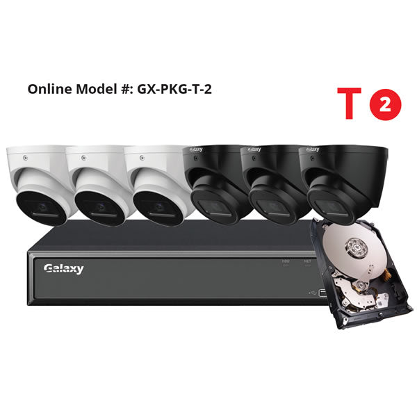 Galaxy Hunter Series 4MP Starlight IP turret security camera kit with multiple cameras and mounting hardware.