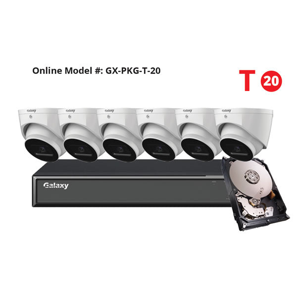 8-channel Galaxy Hunter Series 4K Starlight IP turret security camera kit with four cameras and network recording system.