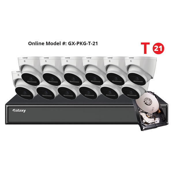 16-channel Galaxy Hunter Series 4K Starlight IP turret security camera kit showing multiple cameras and network equipment for surveillance.