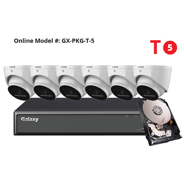 Galaxy Hunter Series 5MP Starlight IP turret security camera kit, featuring weatherproof design and high-resolution imaging.