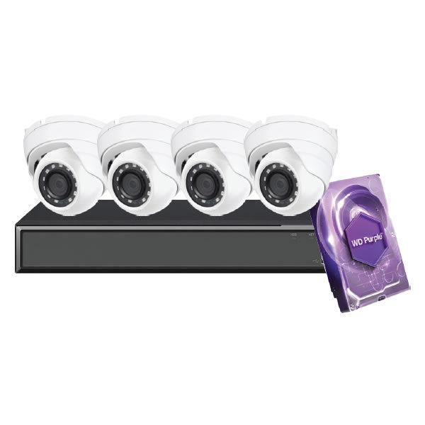 4-channel Galaxy Hunter Series 5MP IP eyeball security camera kit with multiple cameras and cables for surveillance.