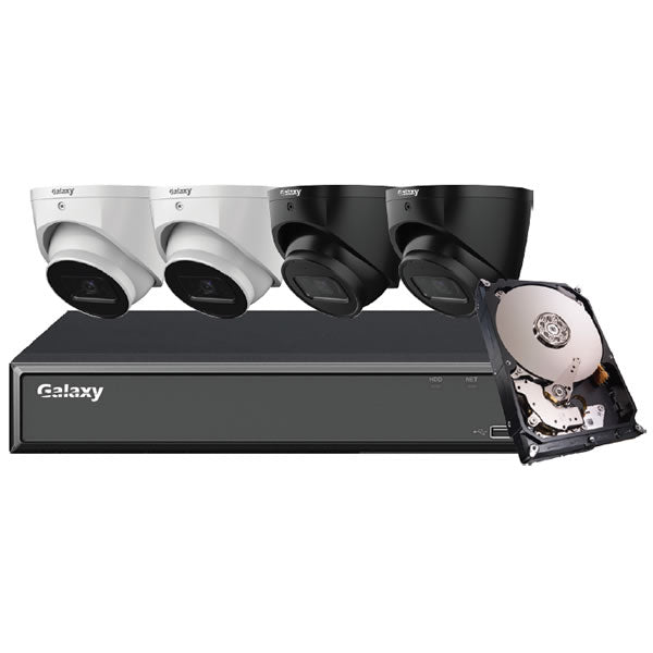 4CH Hunter Series AI 5MP Starlight IP turret security camera kit with four cameras and sleek design.