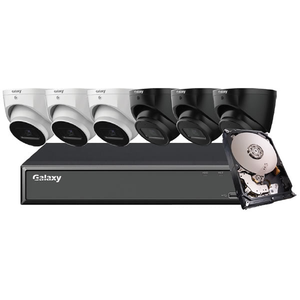 8-channel Hunter Series AI 5MP Starlight IP turret security camera kit showing sleek black cameras with weatherproof housings.