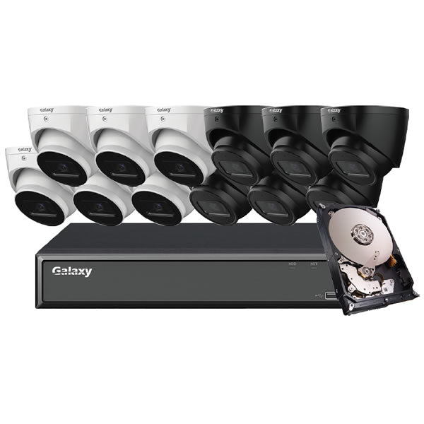 16-channel Hunter Series AI 5MP Starlight IP turret camera kit with multiple cameras and accessories, ideal for security surveillance.