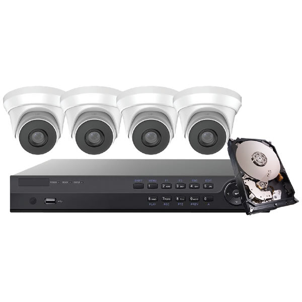 4-channel Platinum 4MP IP turret security camera kit by My Store, showing four sleek white cameras with mounting brackets.