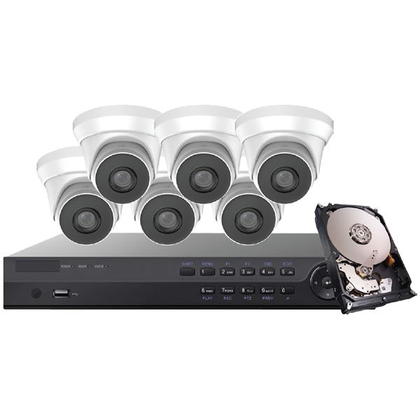8-channel Platinum 4MP IP turret security camera kit with four cameras and accessories, designed for reliable home or business surveillance.