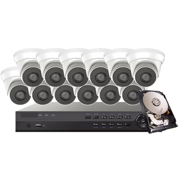16-channel Platinum 4MP IP turret security camera kit with multiple cameras and mounting hardware for surveillance.