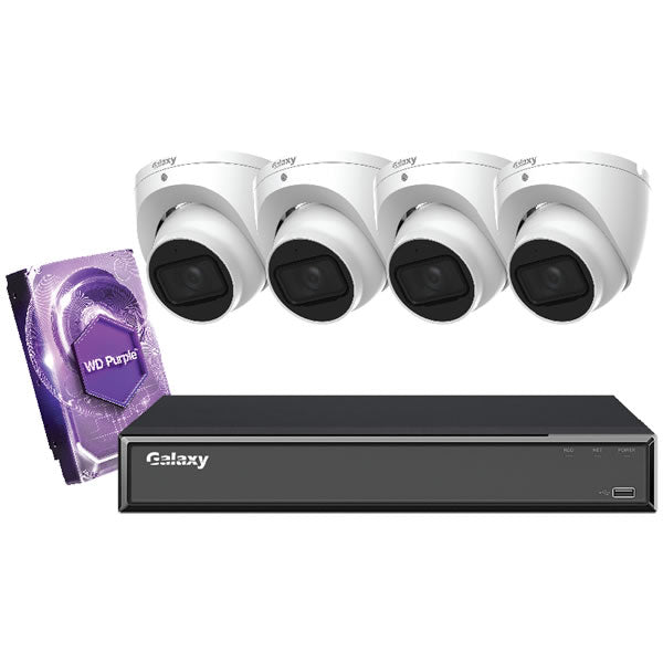 4-channel Galaxy Hunter HD 5MP AI analog security camera kit with cameras and cables, designed for high-quality surveillance.