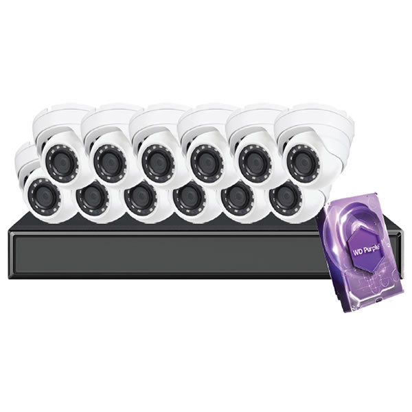 16-channel Galaxy Hunter Series 5MP IP eyeball security camera kit with multiple cameras and accessories for surveillance.