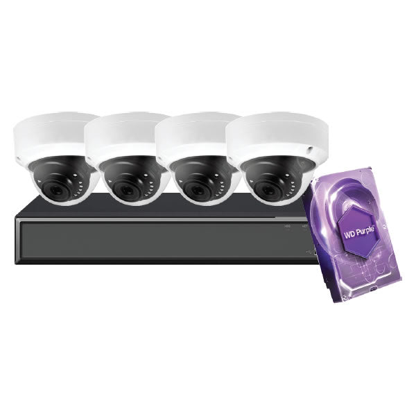 4-channel Galaxy Hunter Series 5MP IP mini dome security camera kit with compact design and high-resolution footage.