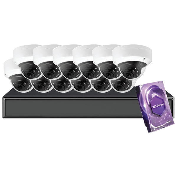 16-channel Galaxy Hunter Series 5MP IP mini dome security camera kit with multiple dome cameras and network video recorder.