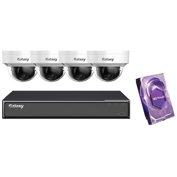 4CH Hunter 4K Starlight IP mini dome security camera kit with sleek white dome and high-resolution lenses.
