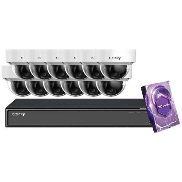 16-channel Hunter 4K Starlight IP mini dome camera kit with four cameras and mounting hardware, ideal for high-resolution security surveillance.