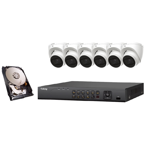 Platinum 6CH 2MP HD security camera kit with four cameras, black housing, and mounting brackets for home security.