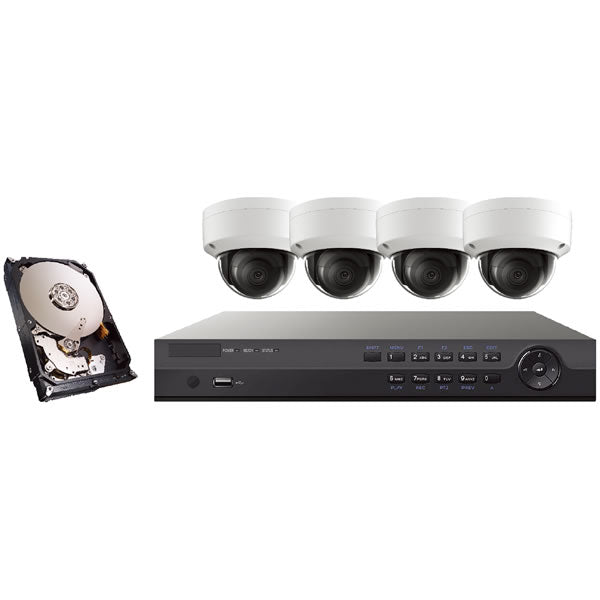 My Store Platinum 4CH 4MP IP Dome Kit with four security cameras and mounting accessories, suitable for home or business surveillance.