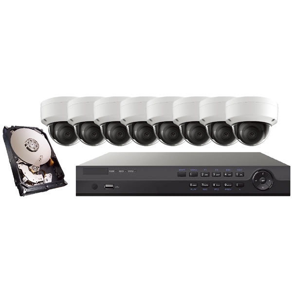 My Store Platinum 8CH 4MP IP dome security camera kit with four dome cameras and network video recorder for surveillance.