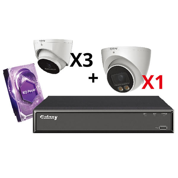 Galaxy Hunter 4CH AI 5MP full color IP turret security camera kit with multiple cameras and modern surveillance features.