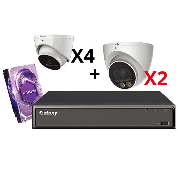 Galaxy Hunter 8CH AI 5MP full color IP turret camera kit for security surveillance, featuring high-resolution image quality and advanced AI.