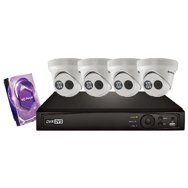 4-channel Galaxy Platinum Series 2MP HD turret security camera kit in white with four cameras mounted on a white background