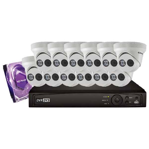 16-channel Galaxy Platinum Series 2MP HD turret security camera kit in white, featuring multiple cameras for home or business security.