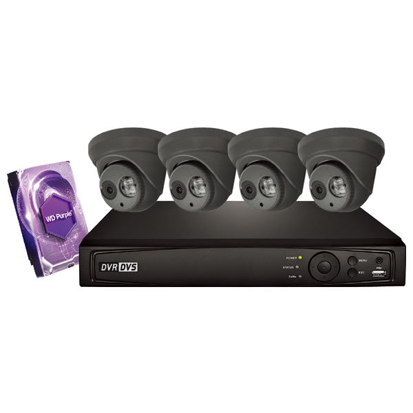 Black 4CH Galaxy Platinum Series 2MP HD turret security camera kit with four cameras and mounting hardware.