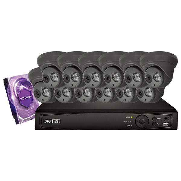16CH Galaxy Platinum Series 2MP HD turret security camera kit in black, including multiple cameras and accessories for home or business surveillance
