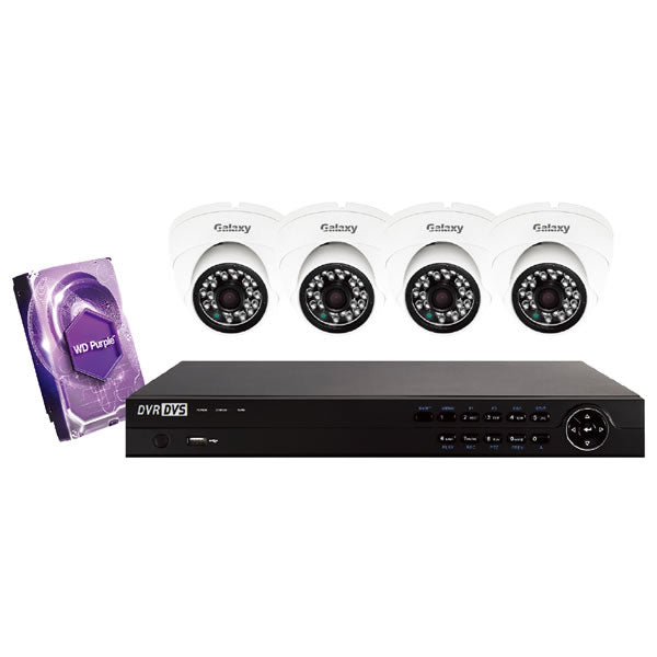 White 4-channel Galaxy Platinum Series 5MP HD turret security camera kit with multiple cameras and accessories.