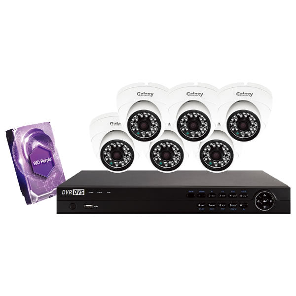 White 8-channel Galaxy Platinum Series 5MP HD turret security camera kit with multiple cameras and accessories.