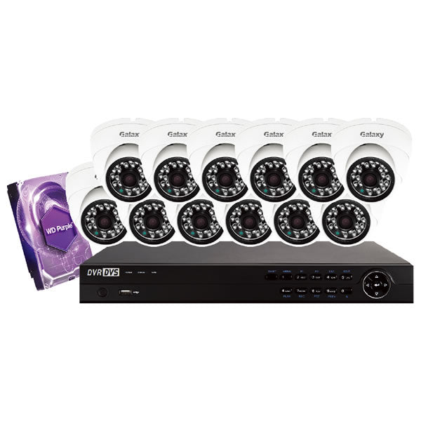 16-channel Galaxy Platinum Series 5MP HD turret security camera kit in white, featuring multiple cameras for home or business security