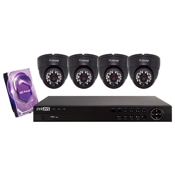 4CH Galaxy Platinum Series 5MP HD turret security camera kit in black with four cameras and accessories.