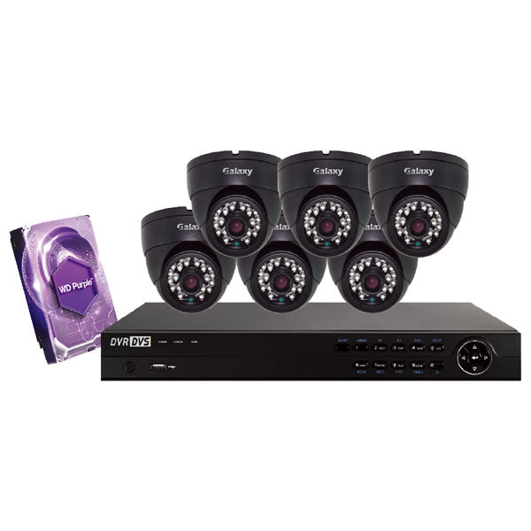 8-channel Galaxy Platinum Series 5MP HD turret security camera kit in black with multiple cameras and accessories.