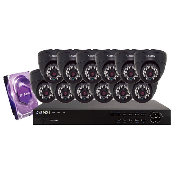 16-channel Galaxy Platinum Series 5MP HD turret security camera kit in black, featuring multiple cameras and a central recording unit.
