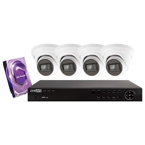 4-channel Galaxy Platinum Series 4K HD turret security camera kit in white, with multiple cameras mounted for surveillance.
