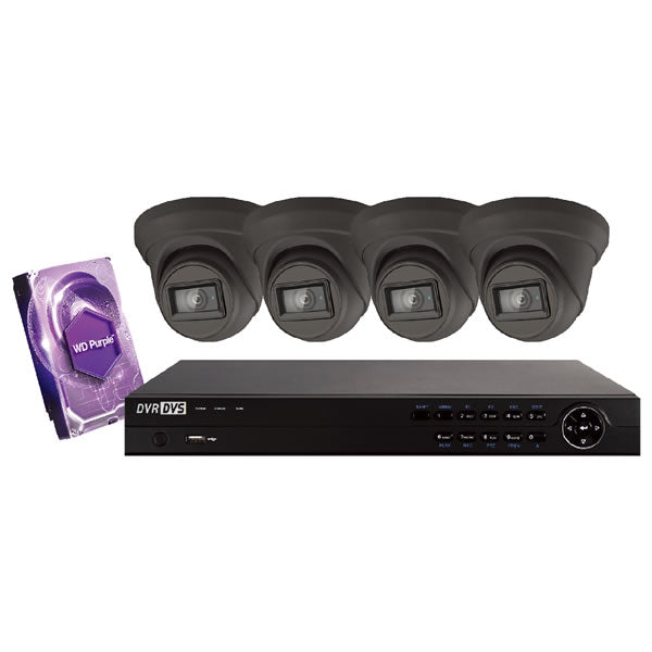 Black 4CH Galaxy Platinum Series 4K HD turret security camera kit with four cameras and mounting hardware.