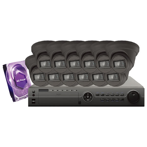 16-channel Galaxy Platinum Series 4K HD turret security camera kit in black, featuring multiple cameras and a central recording unit.