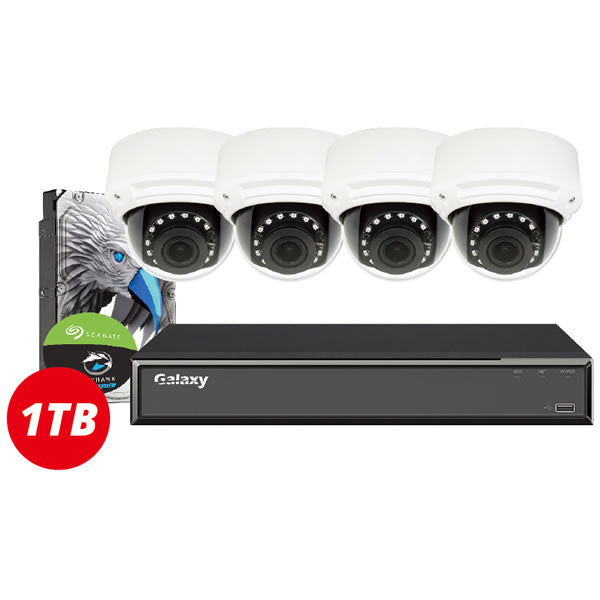 4-channel Galaxy Hunter AI 4MP HD motorized dome security camera kit with sleek design and motorized lens for surveillance.