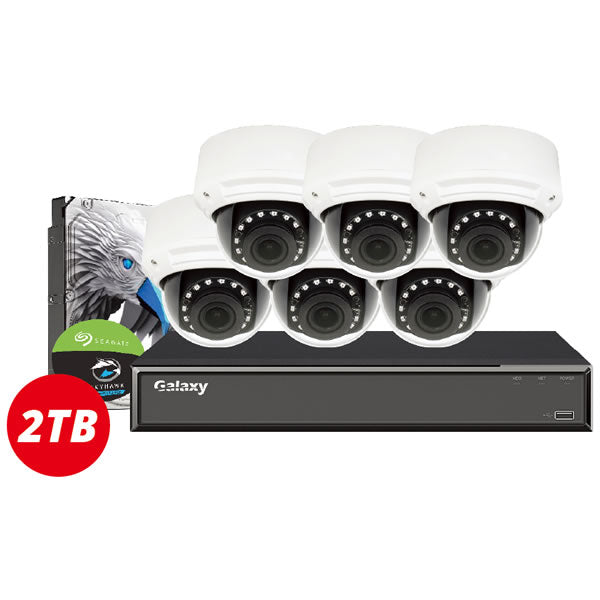8-channel Galaxy Hunter AI 4MP HD motorized dome security camera kit showing cameras installed on a ceiling.