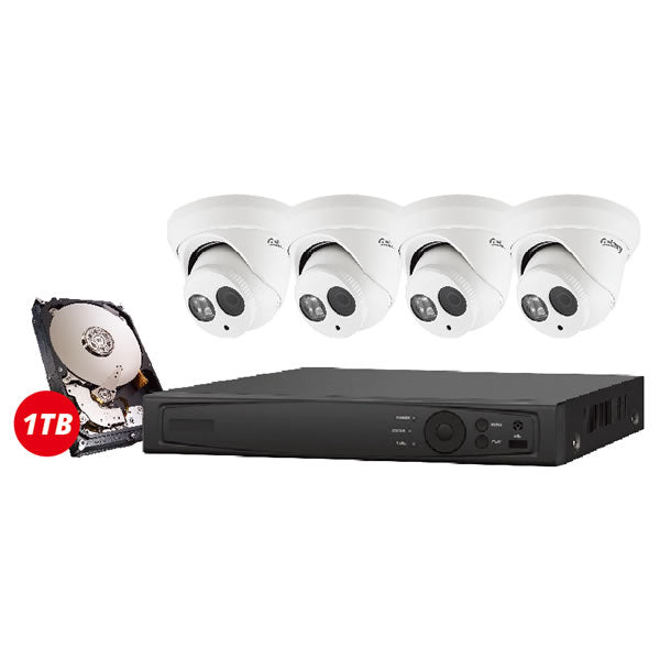 4-channel Galaxy Platinum Series 2MP 5-in-1 HD analog turret security camera kit with four cameras and mounting hardware.
