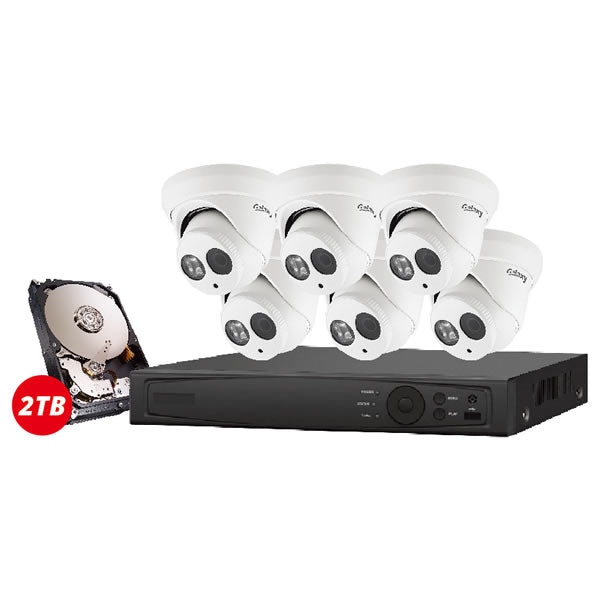 8-channel Galaxy Platinum Series 2MP 5-in-1 HD analog turret security camera kit featuring multiple cameras and network components.